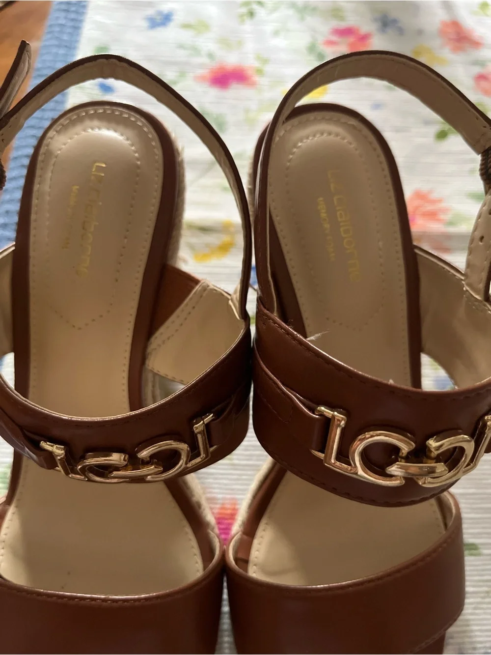 Liz Claiborne Brown Wedge Sandals with Gold Accent